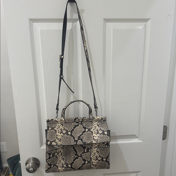 Tory Burch Block-T Snake Print Satchel | Python Embossed Leather Tote - Picture 3 of 7